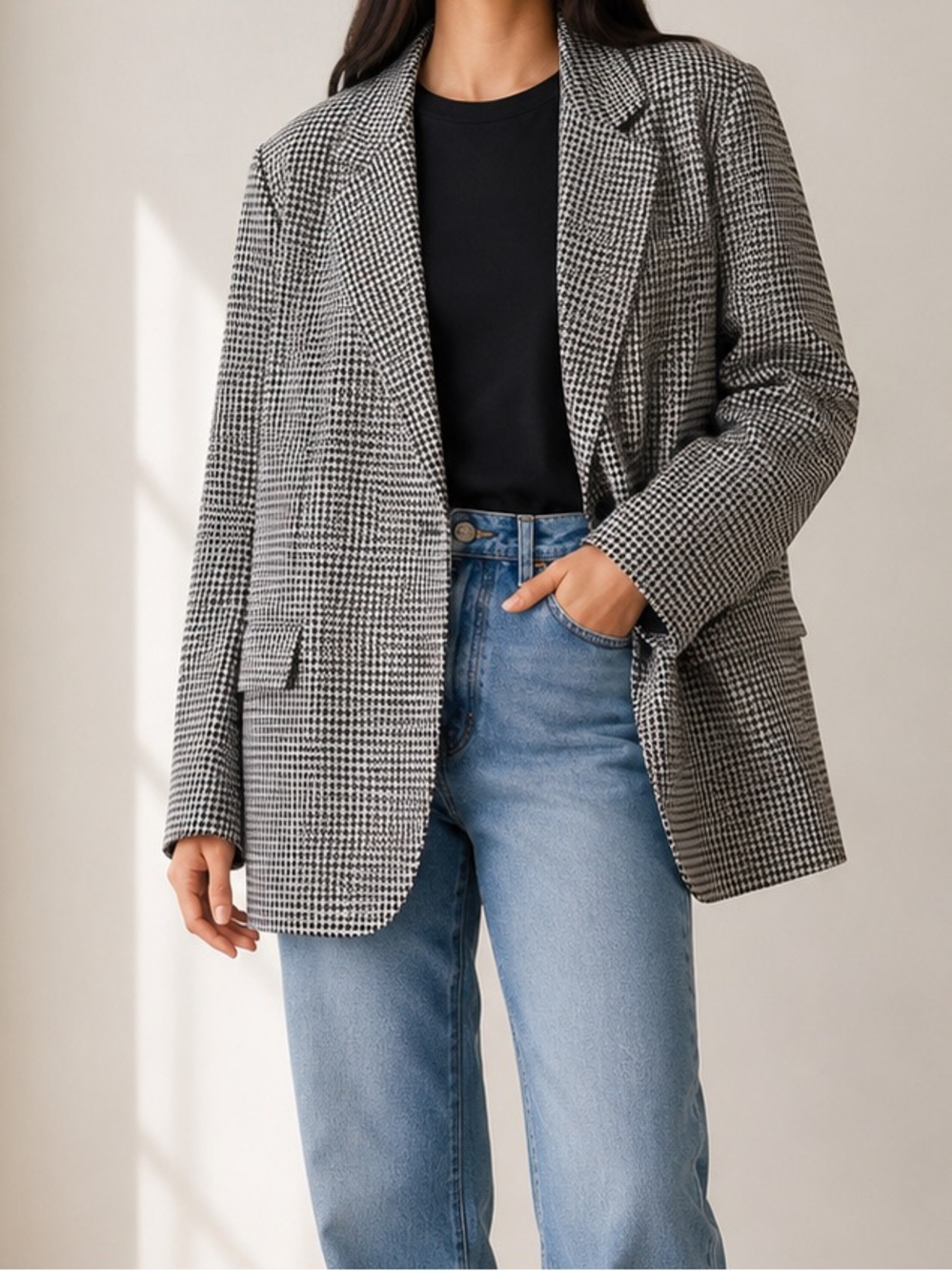 Twik Houndstooth Oversized Blazer | Black & White Checkered Jacket | Size S
